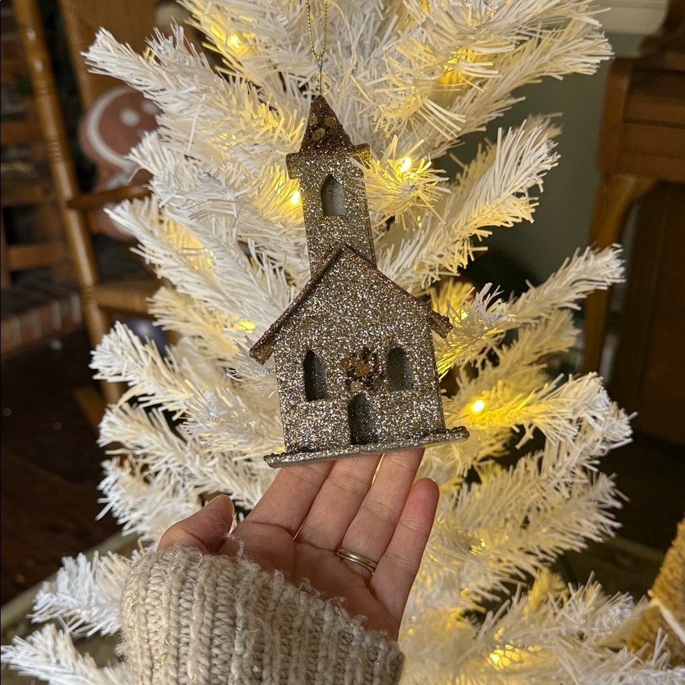 Glittery Gold Holiday Church Ornament